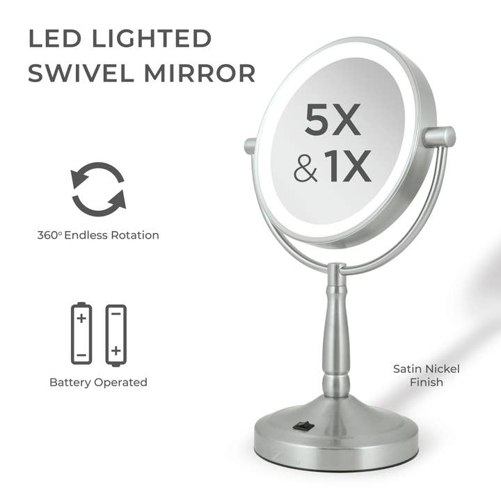 Satin Nickel Lighted Makeup Mirror with Magnification & Cordless for wholesale on Faire