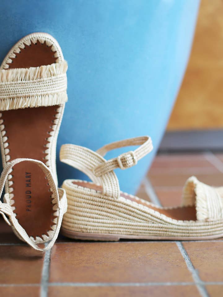 Sandalia cuña rafia flecos (natural) para venta al por mayor de Poema Swim