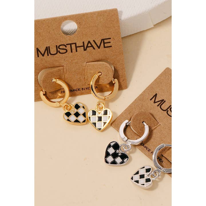 Fame Accessories - Wholesale Hoop Earrings - Epoxy Checkered Heart Charm Hoop Earrings
