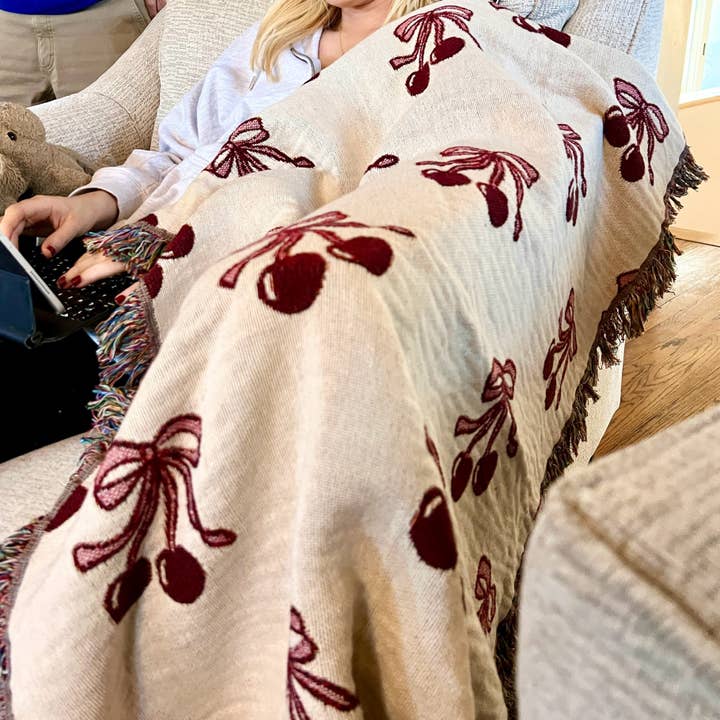PunchyStuff Studio - Wholesale Throw Blanket - Coquette Cherry Bows - Cotton Woven Throw Blanket