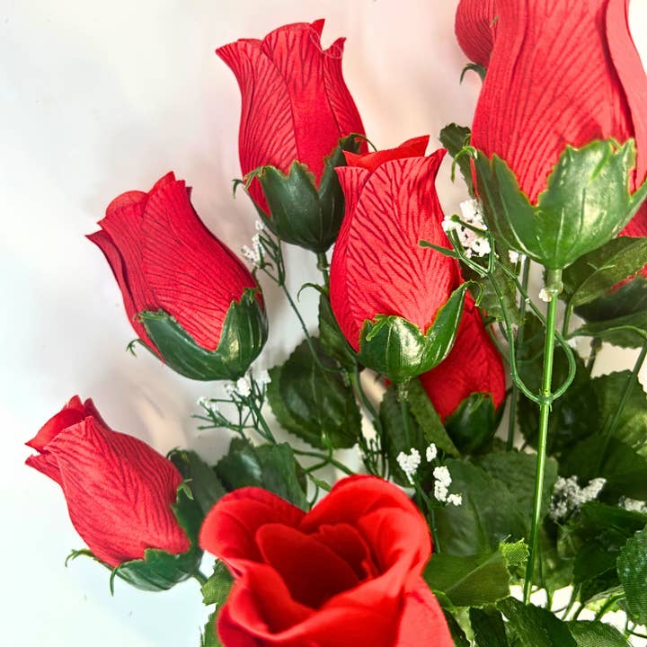 David Christopher's Collection - Wholesale Artificial Flowers - Veined rose bush x 14 with Gyp Red