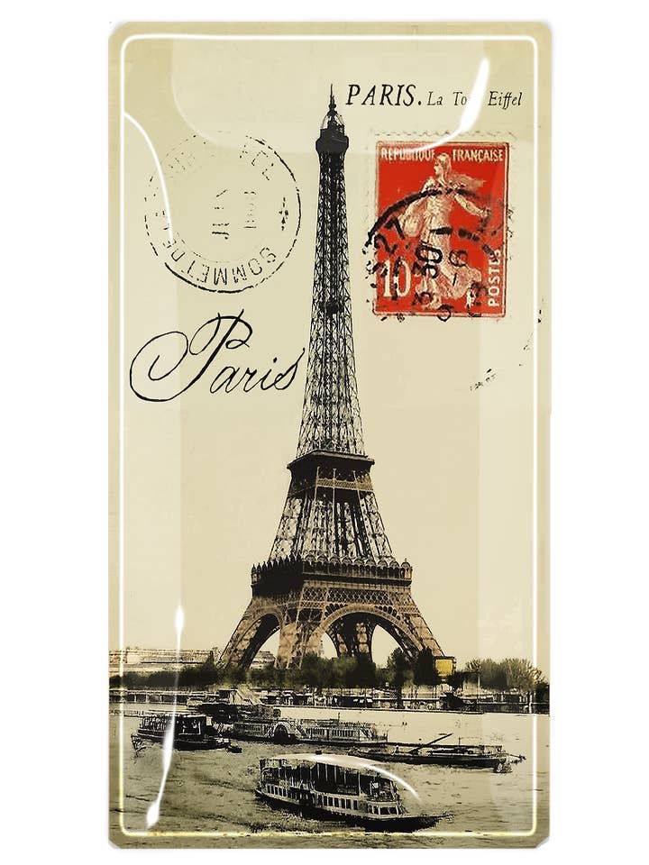 Paris La Tour Eiffel Red Stamp Glass Decoupage Tray for wholesale by Ben's Garden