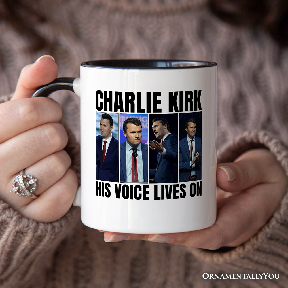 OrnamentallyYou - Vente Tasse à café - Sa voix perdure Tasse graphique Charlie Kirk, patriotique4