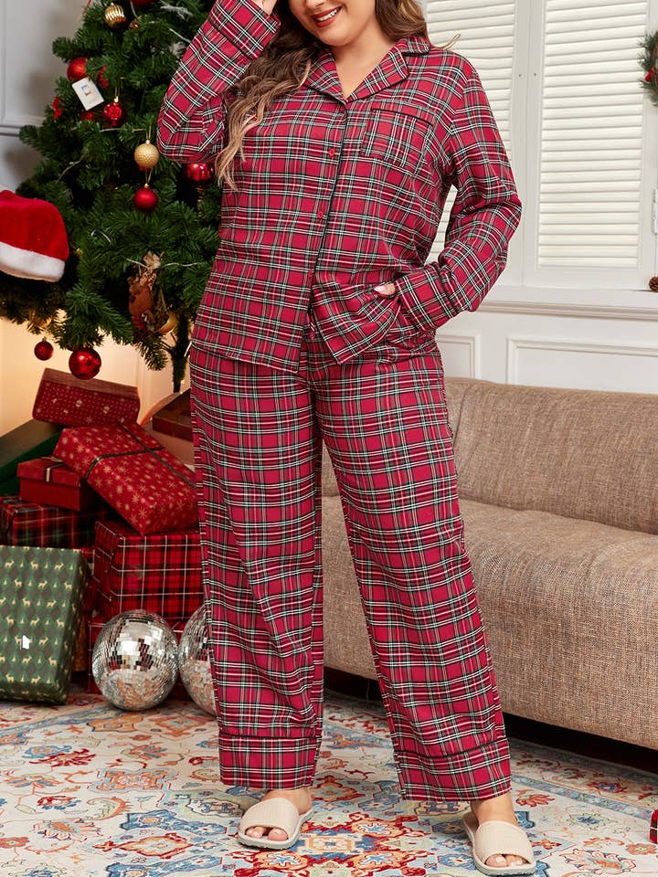 Camicia e pantaloni stampati a quadri rossi Plus Size per la vendita all'ingrosso da parte di Lovesoft
