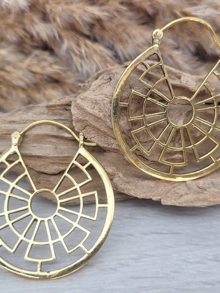Large Brass Geometric Detailed Statement Earrings for wholesale by Laboheme