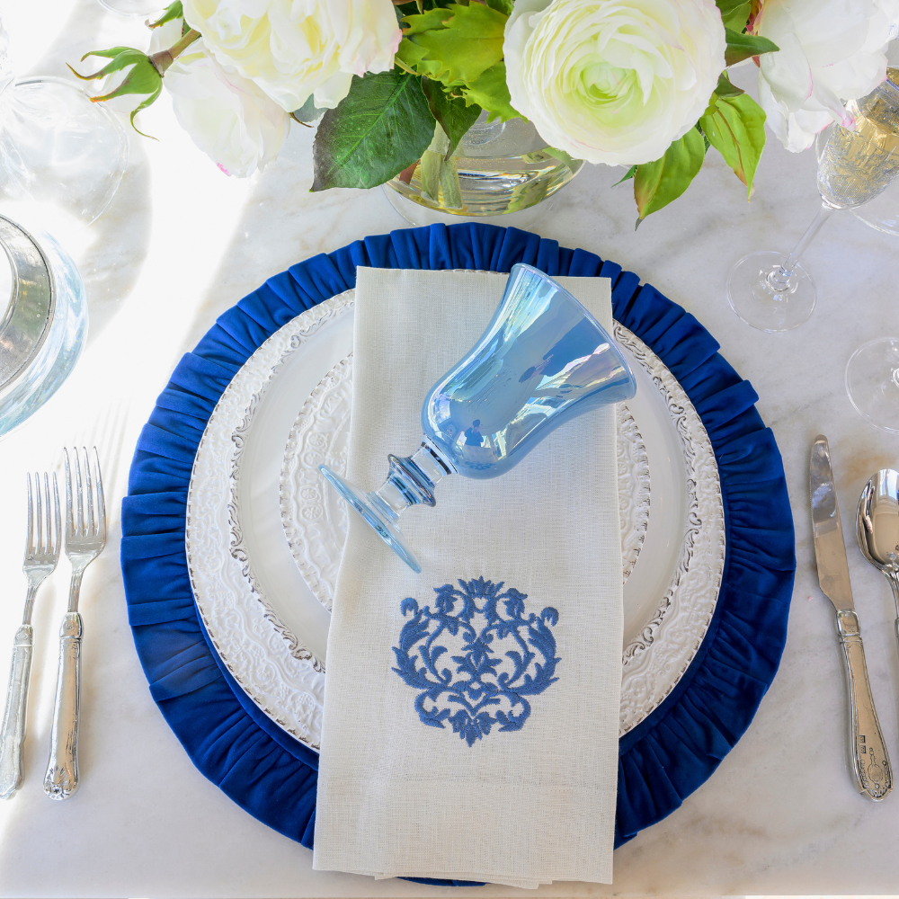 Cream French Blue  Damask Linen Towel for wholesale on Faire1