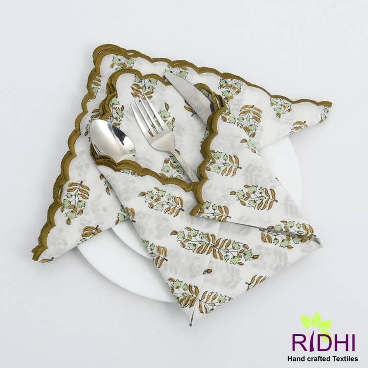 Mint Olive Green White Scalloped Napkins for wholesale by Fabricrush