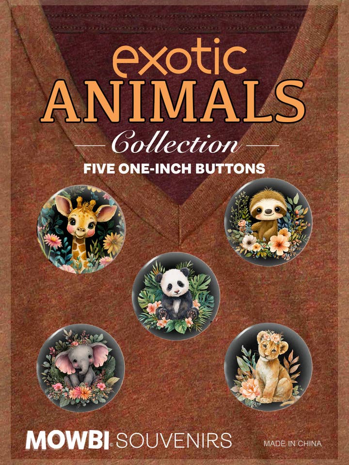 Zoo Animals Button Collection #4 – Cute Baby Animals – Giraffe, Sloth, Panda, Elephant, & Lion for wholesale by Mowbi Souvenir