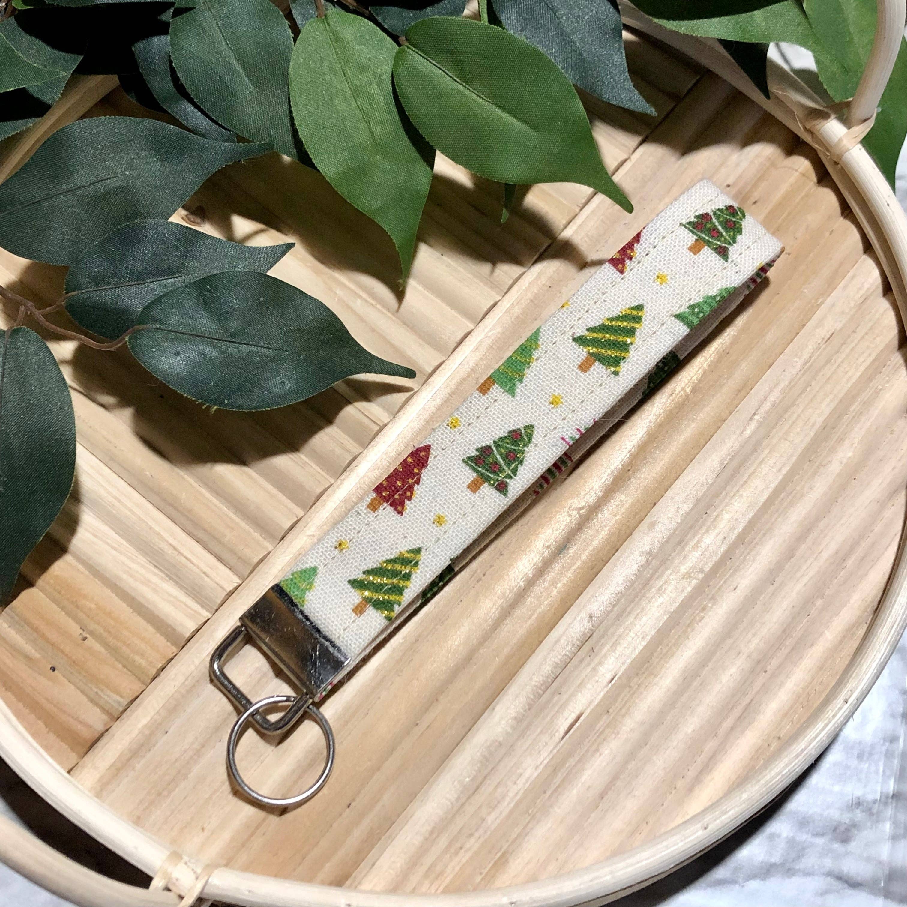 MDStickerShop - Wholesale Sleutelhanger - Dames - Glitterbomen Kerstprint stoffen polsbandje sleutelhanger, sleutelhanger0