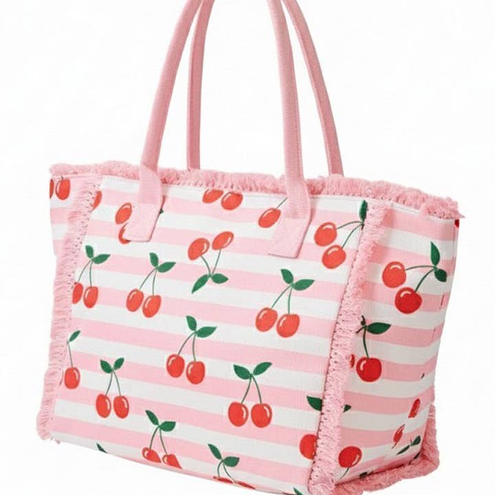 Cherry Stripe Fringe Tote Bag for wholesale by 3AM BY H&D ACCESSORIES