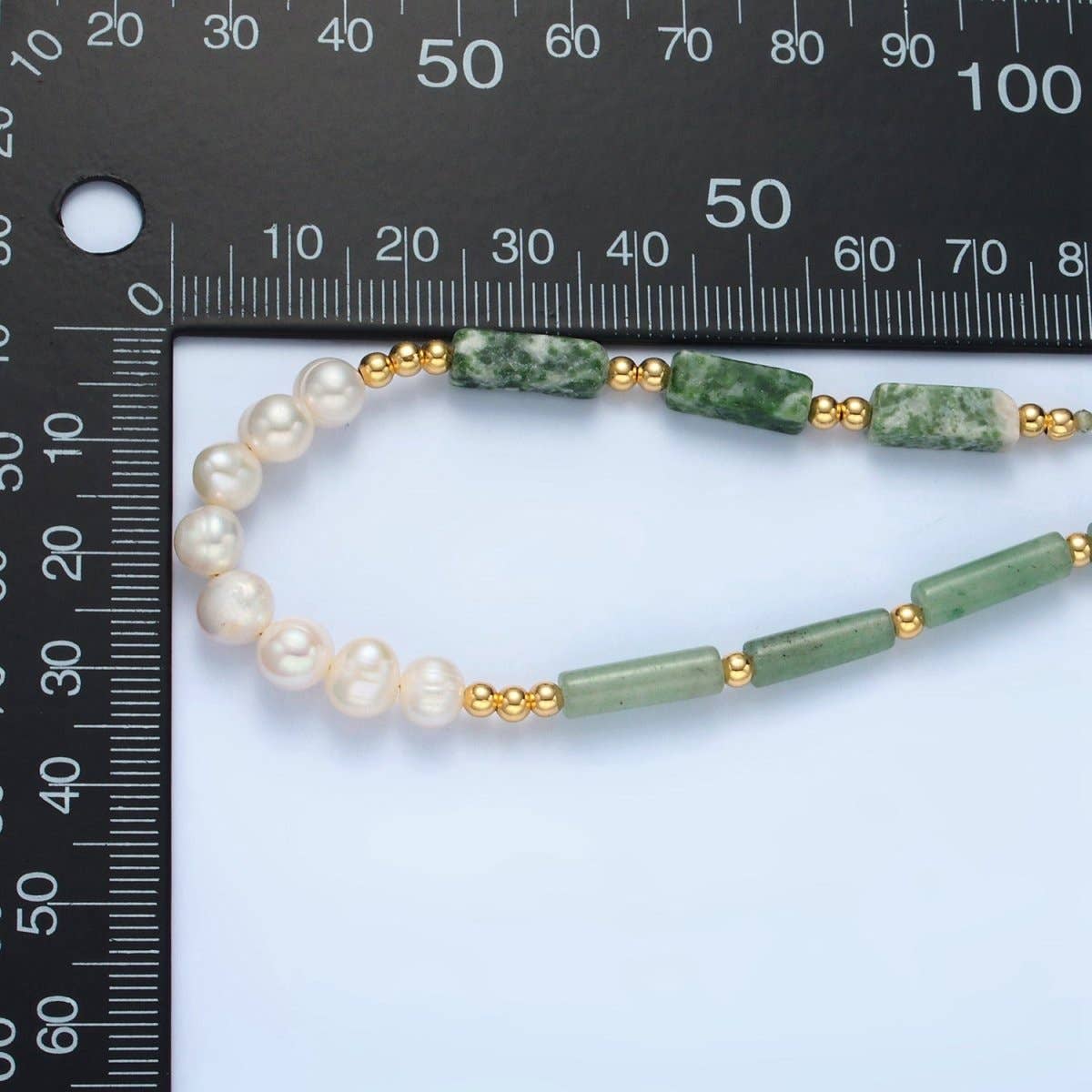 Aim Eternal - Wholesale Beaded/Pearl Necklace - Handmade Green Jade Bead Chain Necklace with Freshwater Pearl 15.55 Inch with Extender | WA25842