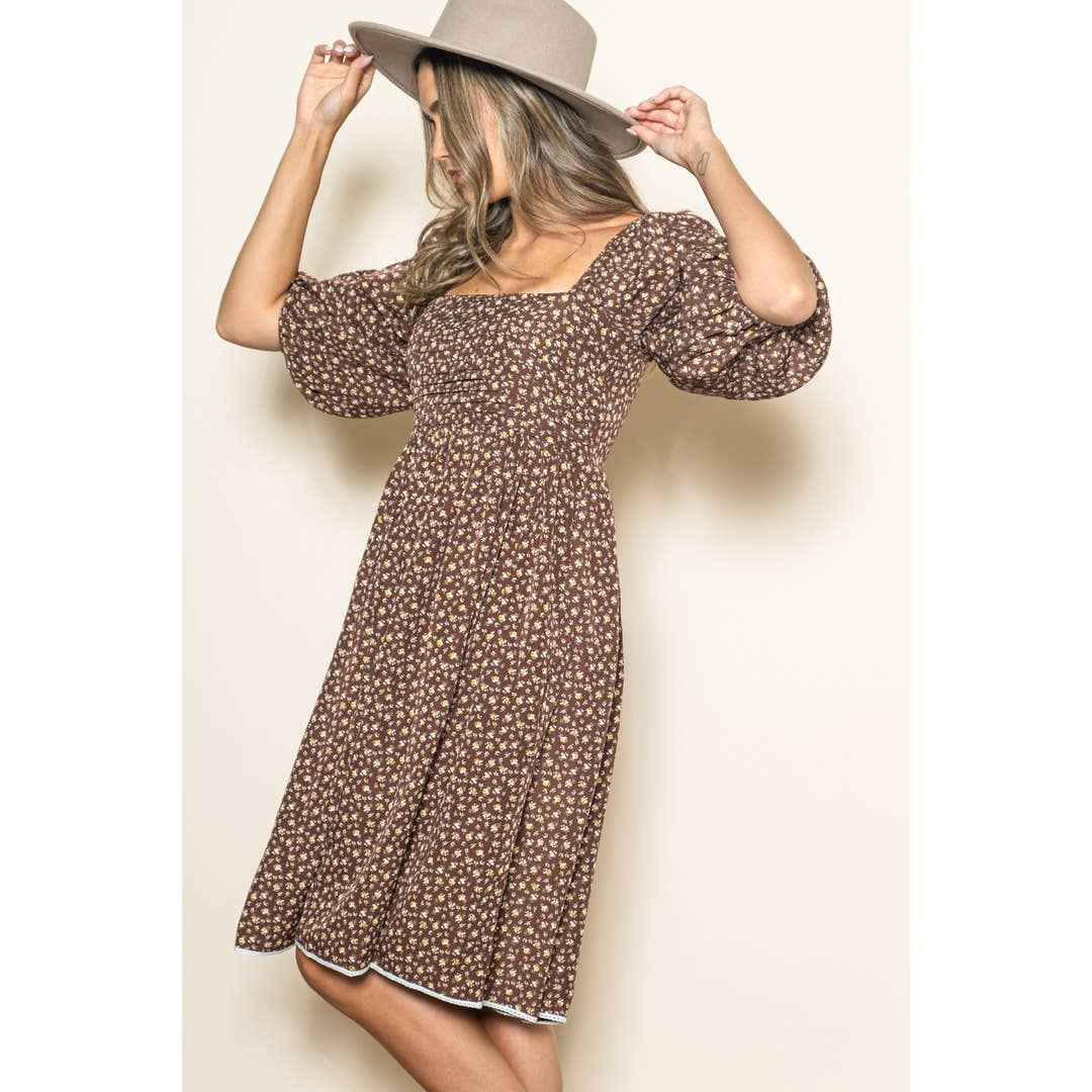 Three Quarter Sleeve Lace Trim Vintage Floral Midi Dress for wholesale by Elloh Collection