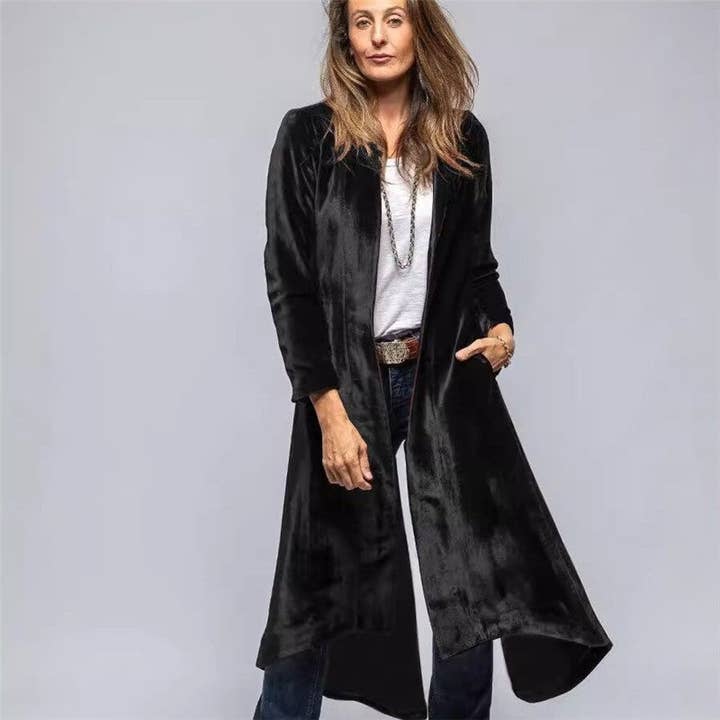 Sheer Trend - Wholesale Coat - Women's - Long Velvet Solid Color Vintage Split Coat