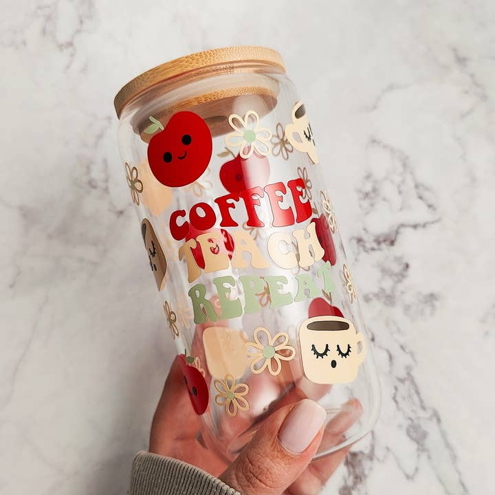 Teacher Appreciation Coffee Teach Repeat Glass Cup for wholesale by honeysheshome