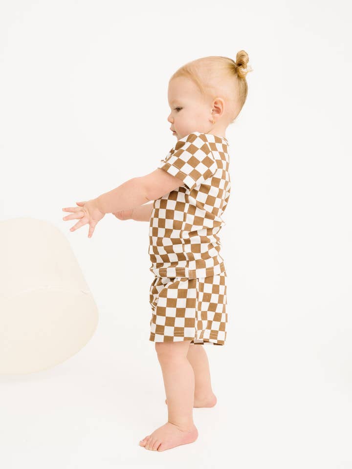 Little One Shop - Wholesale Top & Short Set - Kids - Brown Checkered Pocket Set