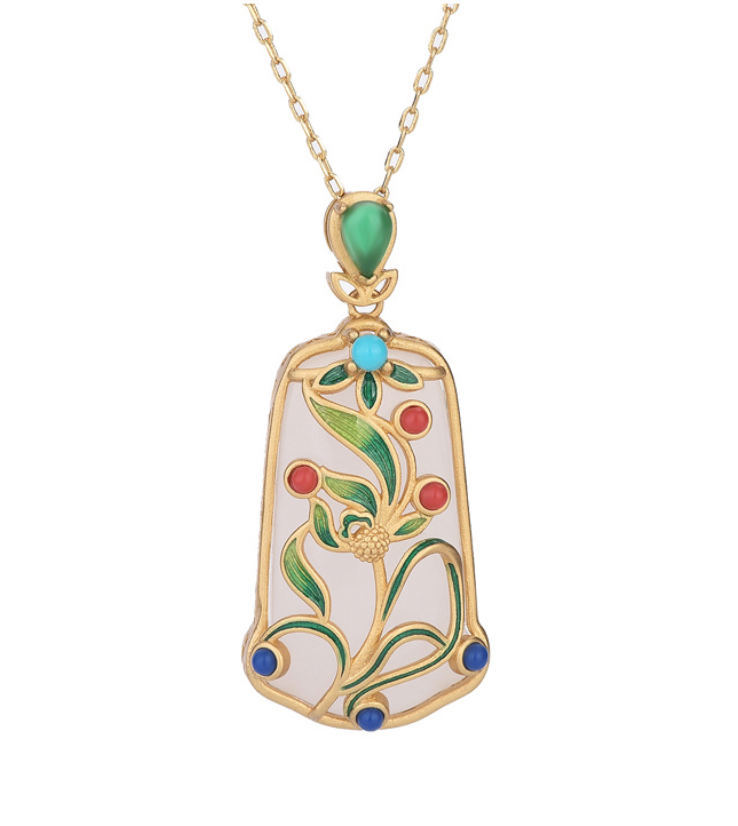 Bright MacMing - Wholesale Pendant/Charm Necklace - Enamel Flowers on Jade Necklace4