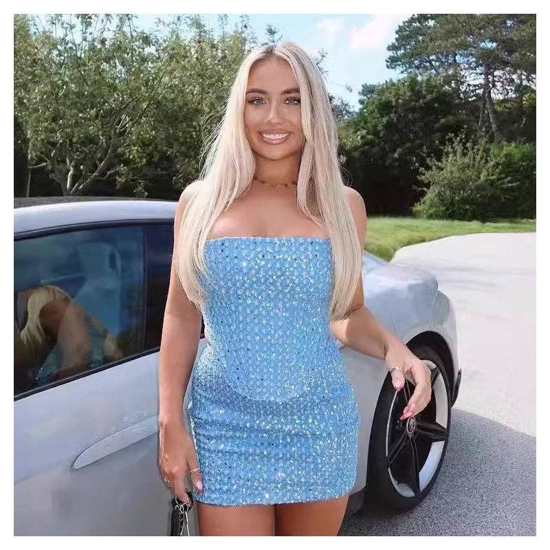 FurDecoration - Wholesale Top & Skirt Set - Women's - Fashionable Denim Ripped Sequin Mini Skirt Bandeau Set5