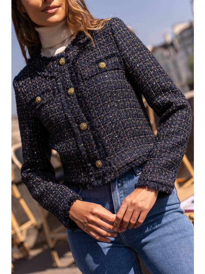 Attentif Paris - Wholesale Blazer – Women's - Cropped crew neck fitted tweed blazer jacket8