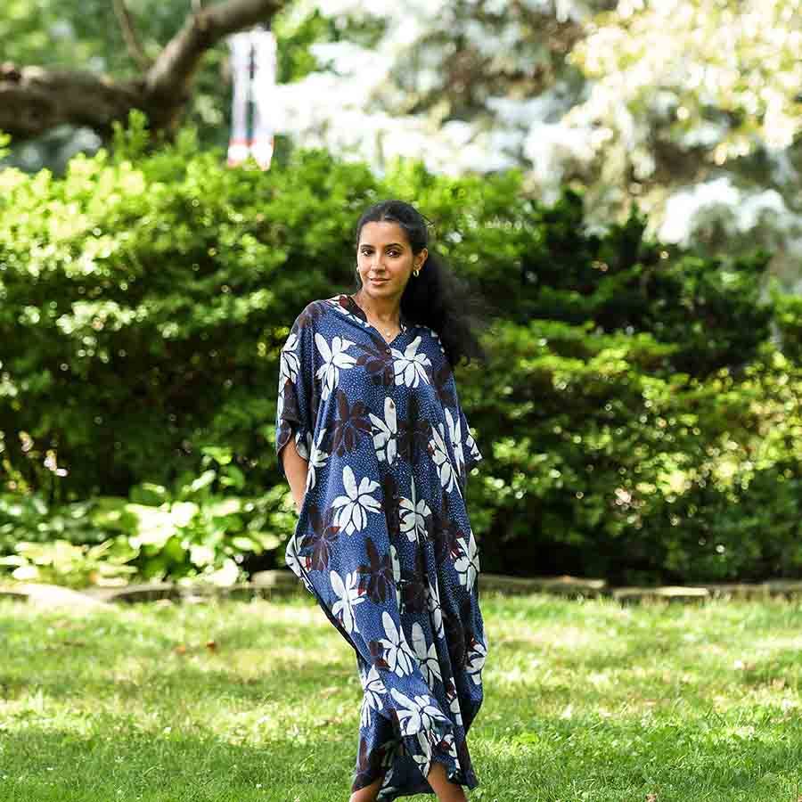 Ichcha – Engroshandel Kjole - Dame – Kaftankjole - Indigo Block Print Modal med knapper | Kamala0