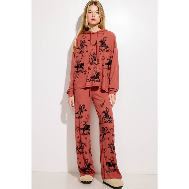 Phil Love - Venta al por mayor Conjunto de ropa cómoda - Mujer - Conjunto de ropa de salón con capucha y estampado de canalé Desert Cowgirl 1