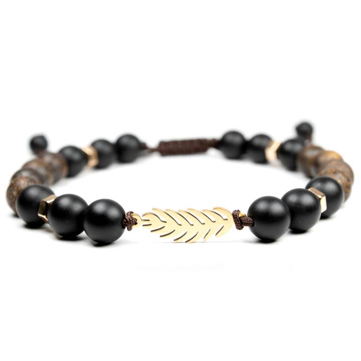Natural Bronzite and Onyx Bracelet with Feather Charm for wholesale by Mana Gallery