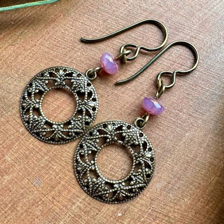 Filigree Hoop Earrings Gothic Ring Pendant Pink Glass Beads for wholesale by Vintage Earth