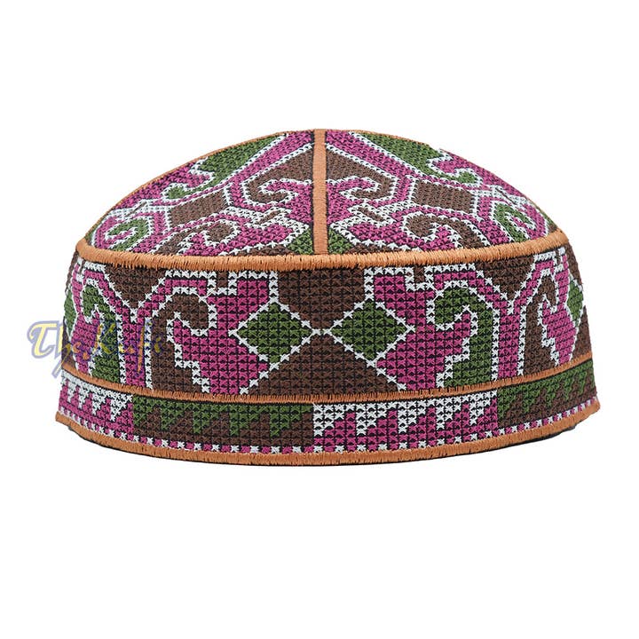 Rust Brown, Maroon, Green, Dark Brown Haji Alay Motif Embroidery Design Pakistani Topi Kufi Hat for wholesale by IndoMode