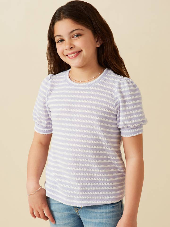 Girls Textured Stripe Puff Sleeve Knit Top for wholesale by Hayden LA