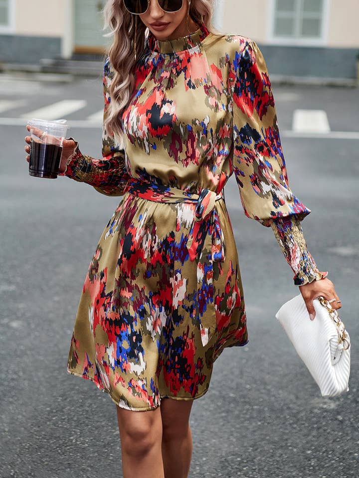 Khaki Women's Long Sleeve Floral Print Ruffle Short Dress for wholesale by Lovesoft