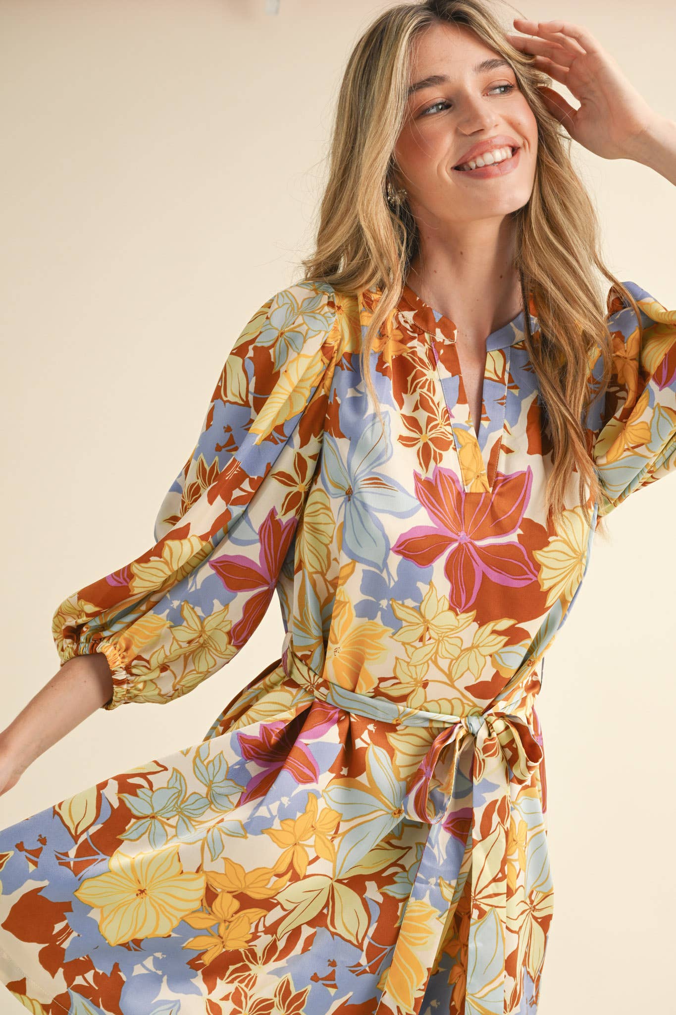 &MERCI - Wholesale Dress - Women's - EXCLUSIVE PRINT PUFF SLEEVE TYING WAIST MINI DRESS MDR335313