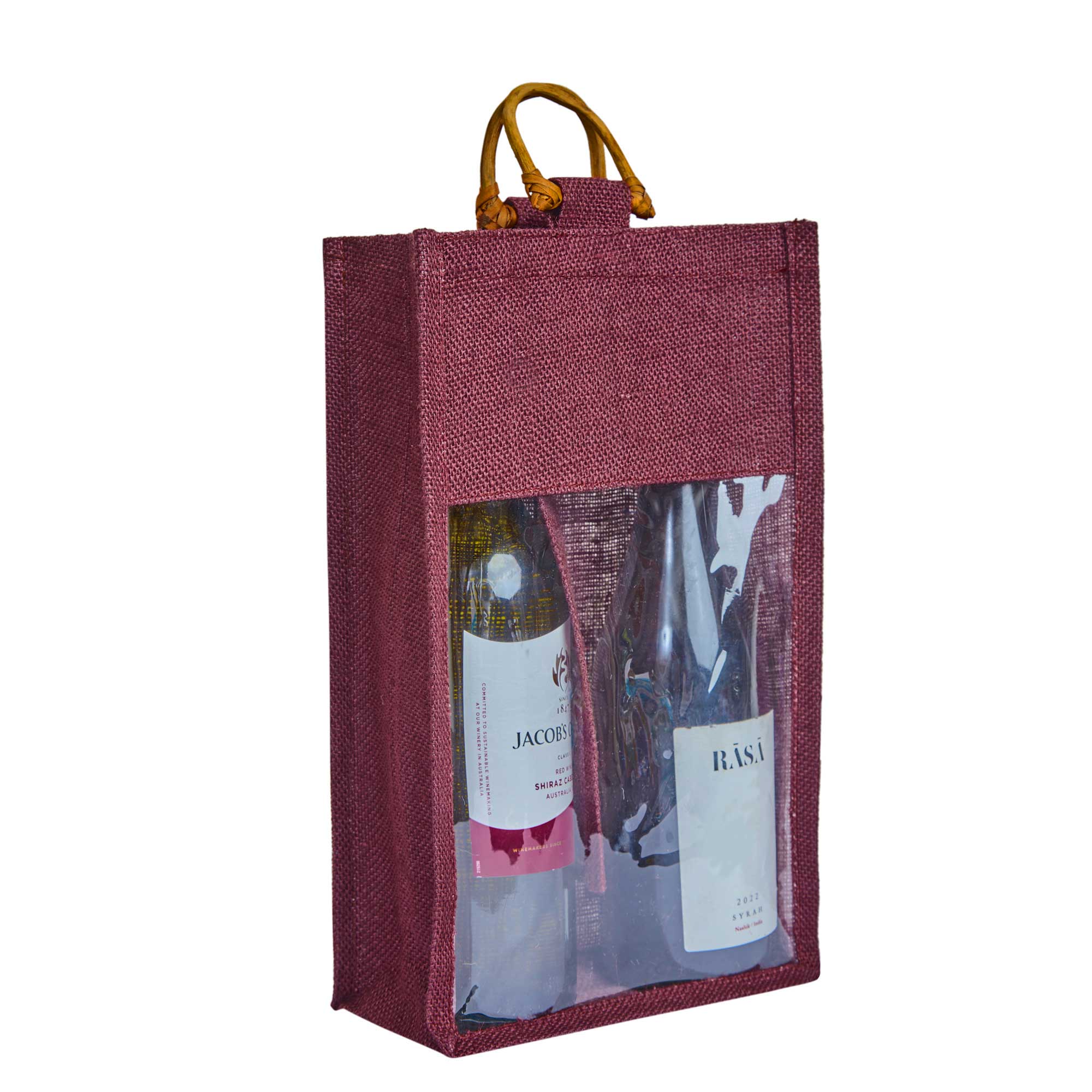 ecojutebags – wholesale Wine gift bag – 6-Pack Burlap Wine Bags with Cane Handle & Clear PVC Window3