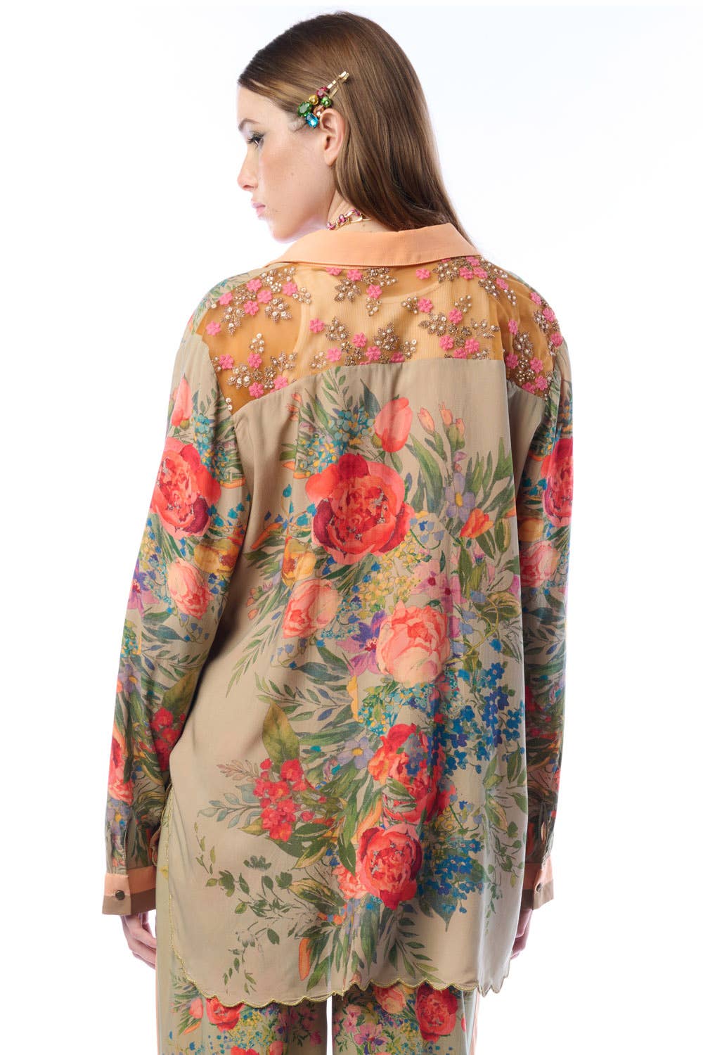 Vintage-Smaragd Roma-Hemd | Florales Button-Down-Hemd | Pailletten-Mesh-Detail für den Großhandel auf Faire1