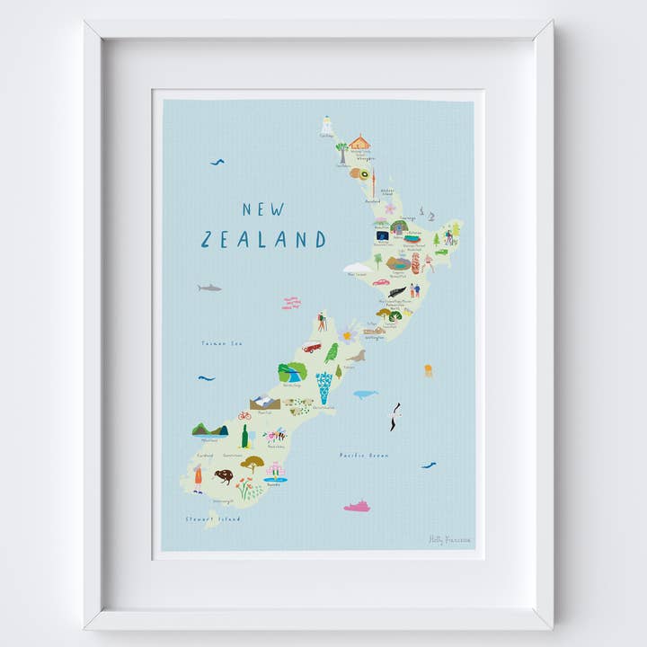Kaart van Nieuw-Zeelandse kunstdruk - A3 Print voor wholesale door Holly Francesca