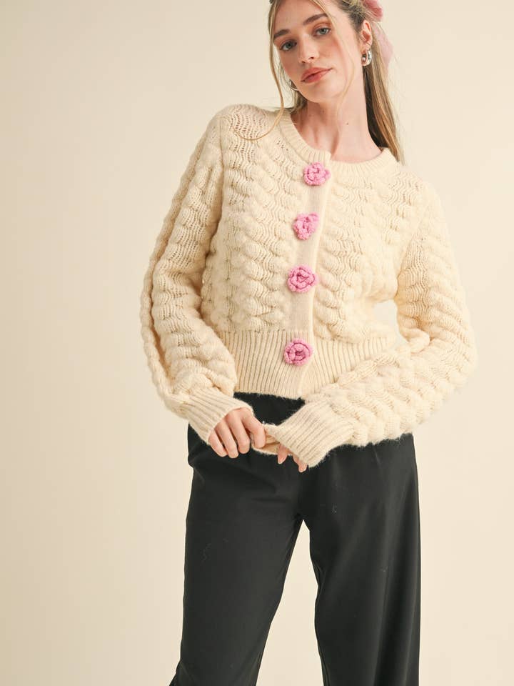 &MERCI - Wholesale Cardigan - Women's - TEXTURED SWEATER CARDIGAN WITH KNIT ROSETTE DETAIL MSW107352