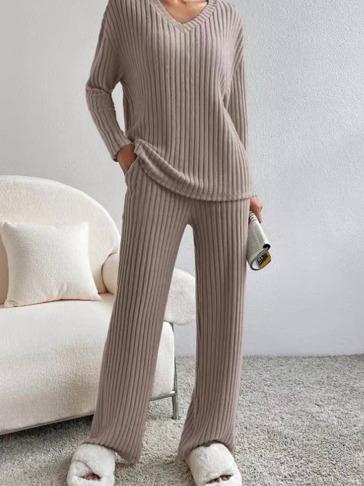 NINEXIS - Wholesale Top & Pant Set (NOT Loungewear) - Women's - CWSTB1175_V-NECK CASUAL RIBBED LONG-SLEEVED KNITTED SUIT