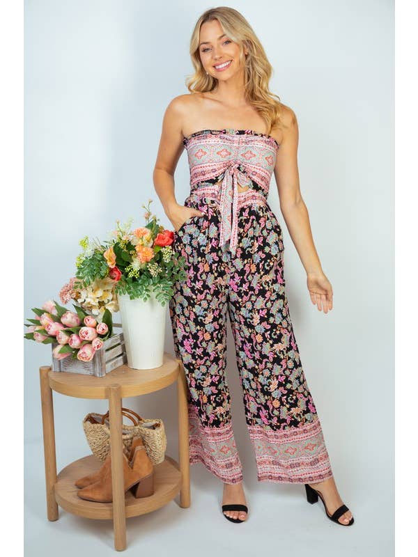 Black JP50131 Sleeveless Floral Print Woven Jumpsuit for wholesale on Faire
