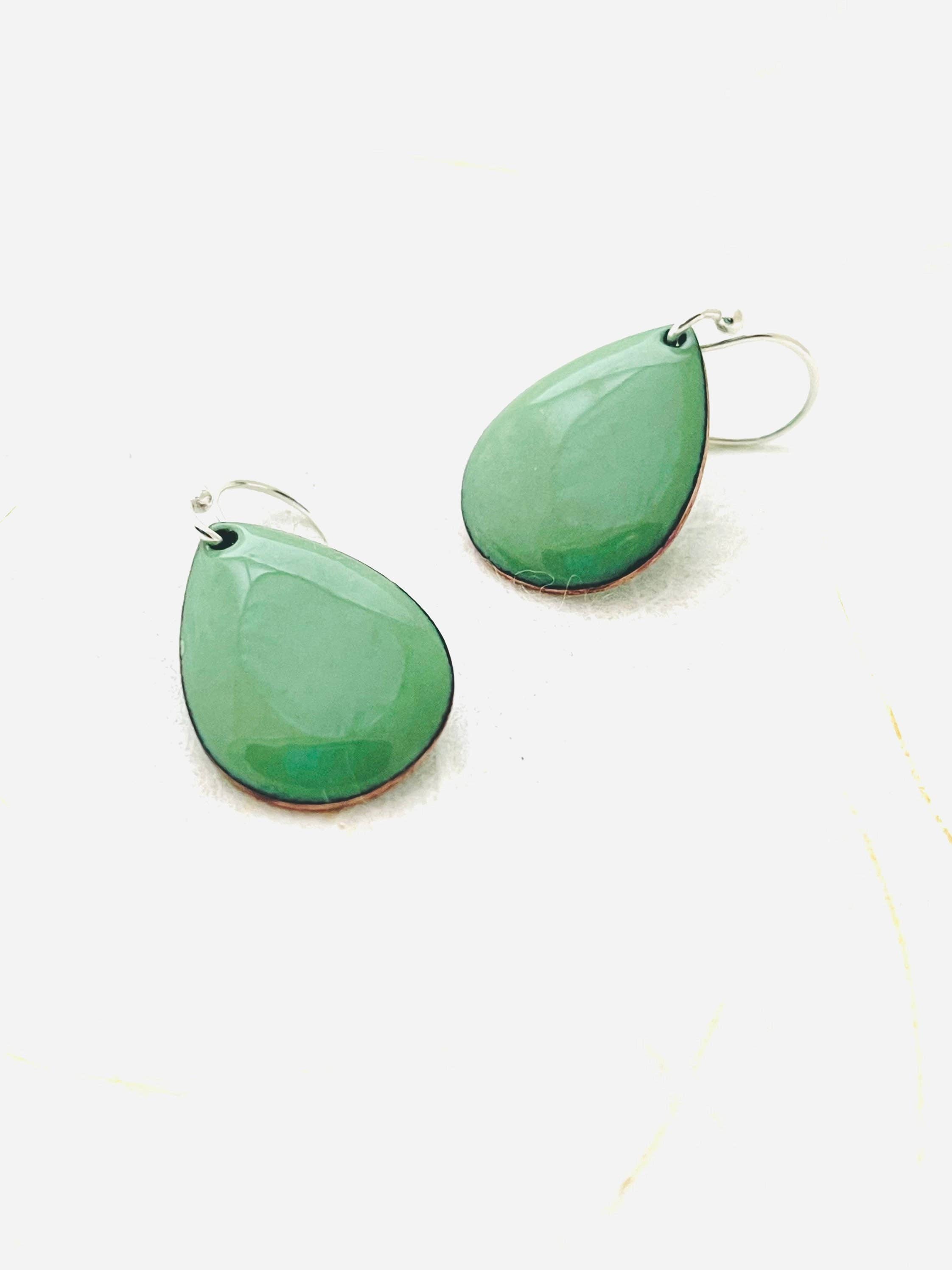 Magpie Mouse Studios – wholesale Dangle earrings – Small Teardrop Earrings, Willow Green Enamel Earrings4