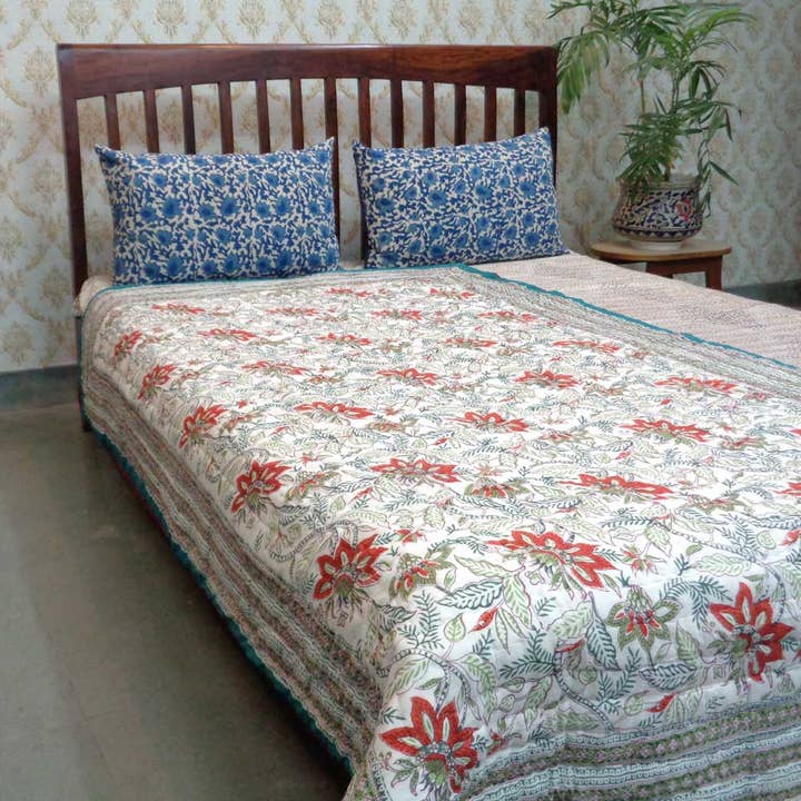 Ayras World - Wholesale Quilt - Bossanova Green Hand Quilted Reversible Block Print Quilt4