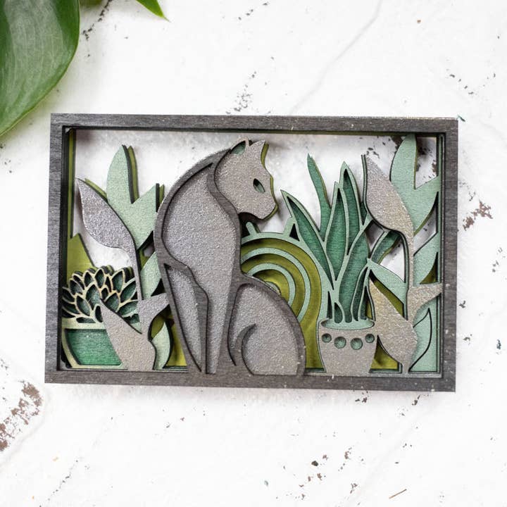 Laser Cut Cat with Plants, Animal 3D Diorama, Handmade Scene, Cat Animal Decor for wholesale by The McGarvey Workshop