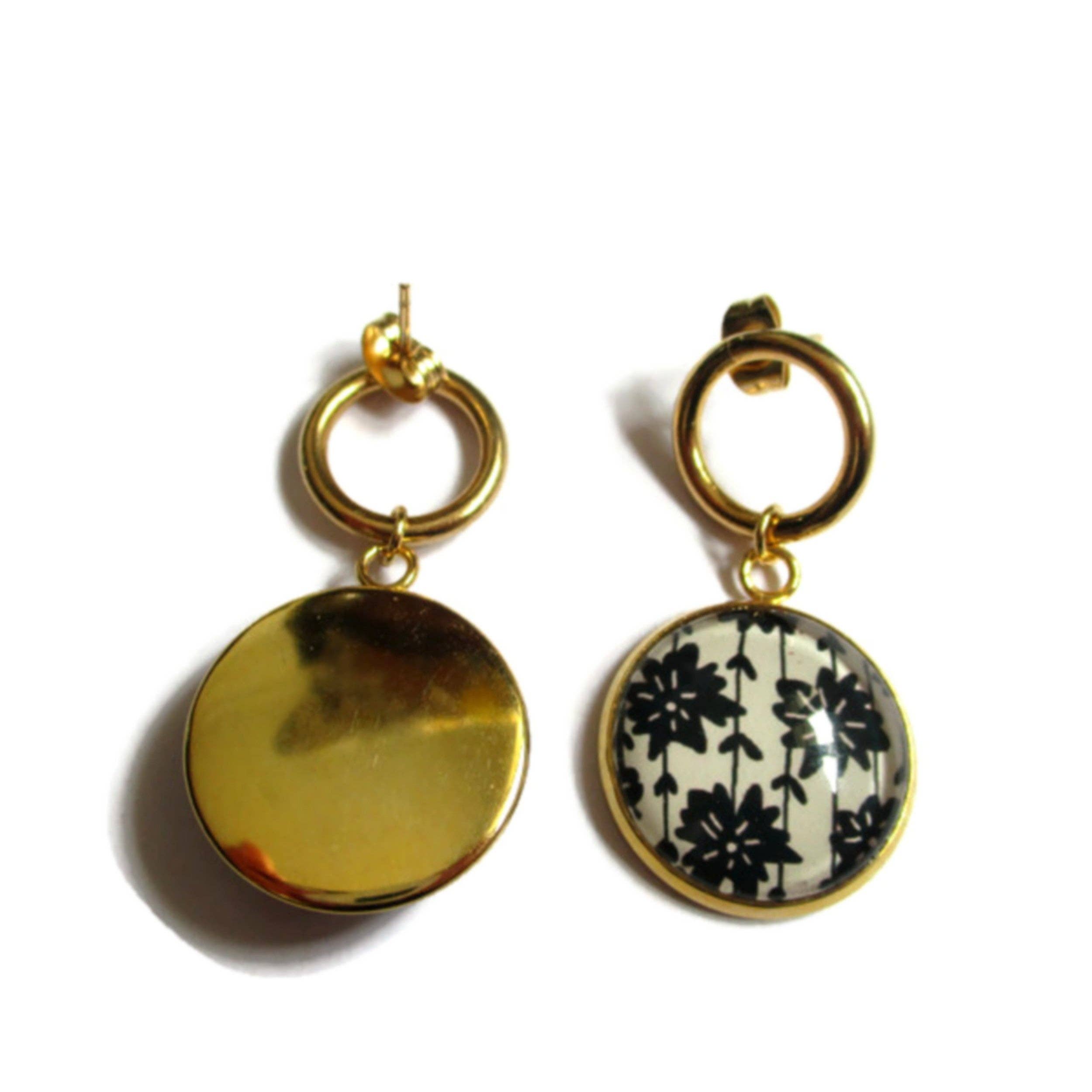 Dans l'Air du Temps Bijoux - Wholesale Dangle Earrings - DANGLING EARRINGS, black and white flowers with gold or silver finish3