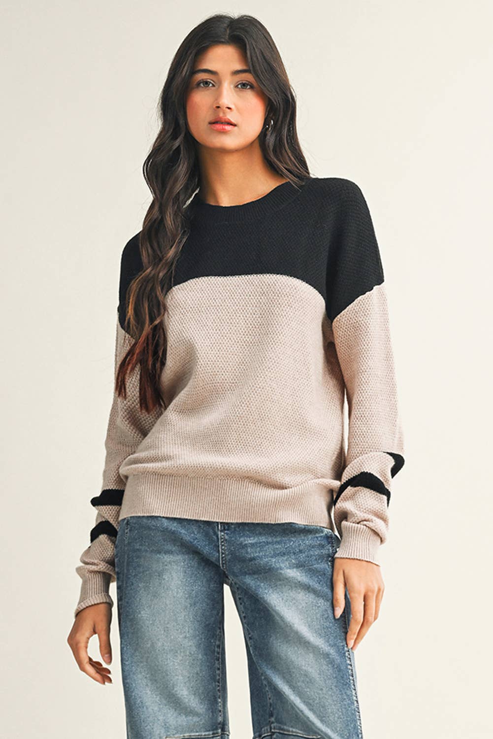 Parchment  LDC Color Block Knit Striped Sleeve Detail Casual Sweater for wholesale on Faire0