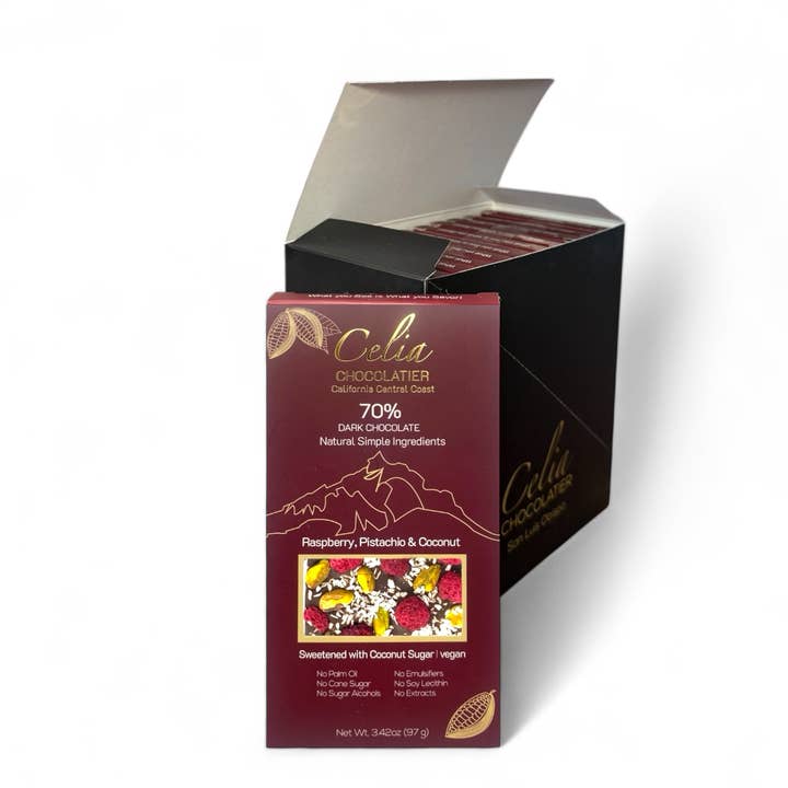 CELIA CHOCOLATIER - Wholesale Chocolate Bar - 70% Dark Chocolate | Raspberry, Pistachio, Coconut