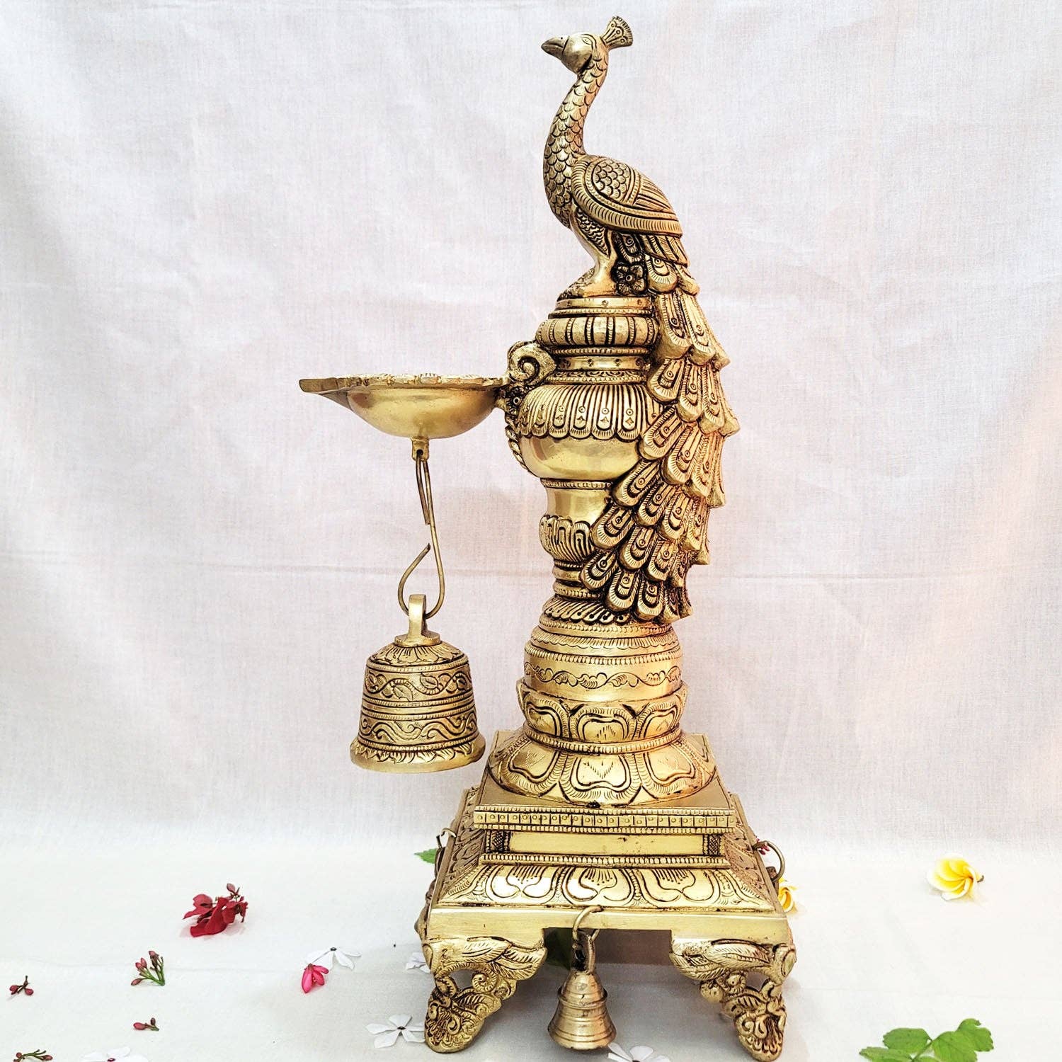 Golden Traditional Brass Peacock Diya 19" for Pooja | Decorative Brass Peacock Diya Temple for wholesale on Faire1