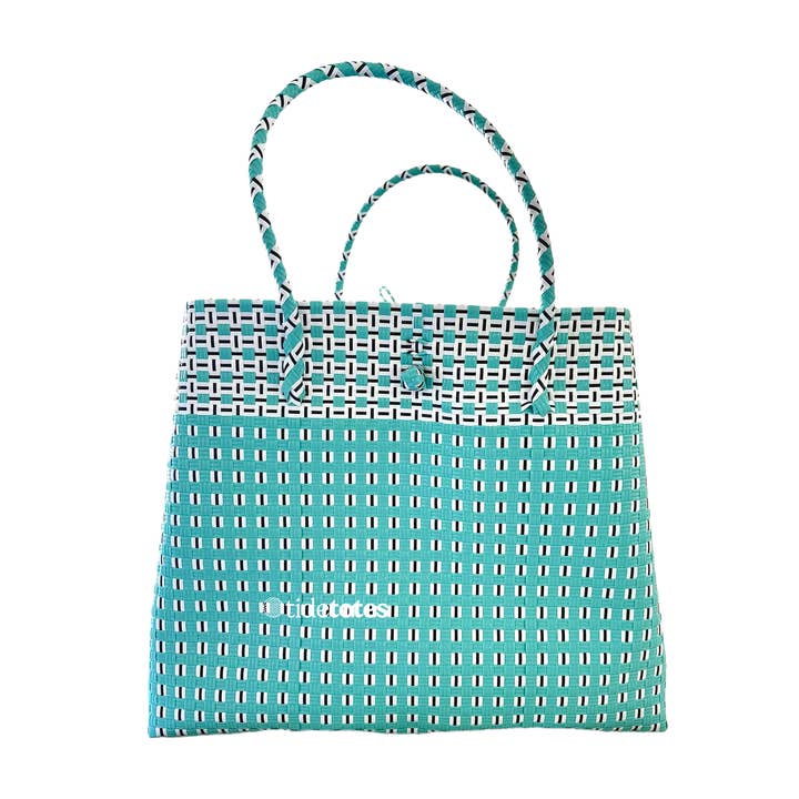Studio Tide – Turquoise & Witte Geweven Tas Met Rasterpaneel voor wholesale door Pure Di Casa