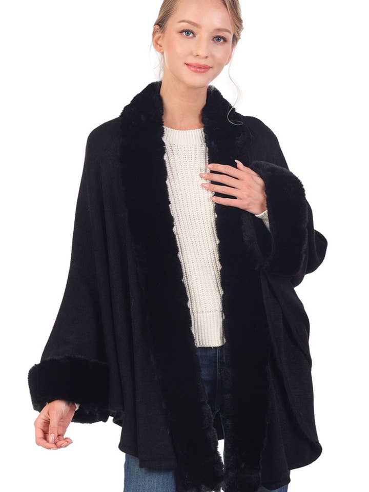 Bubble Faux Fur Trim Slit-Sided Shawl Cape Poncho for wholesale by Cap Zone