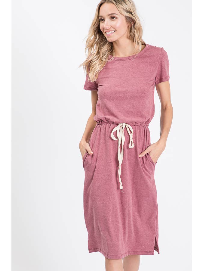 7th Ray - Wholesale Dress - Women's - Everyday Drawstring Waist Side Pocket T-Shirt Dress D246521