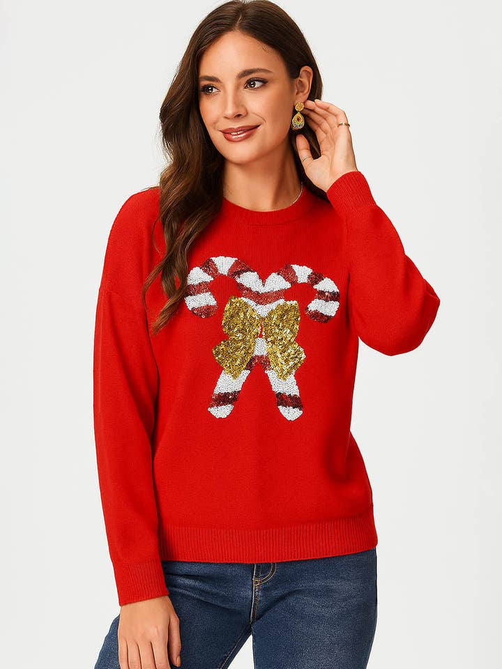 Ladies Christmas Holiday Bow Sequins Candy Cane Pulolover Sweater for wholesale by Sweetkama