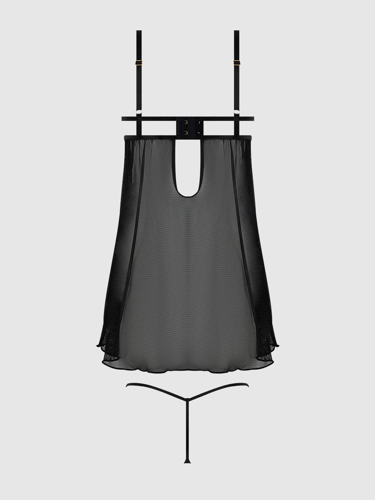 NEGRO/ORO CONJUNTO DE BABYDOLL Y TANGA DE COPA ABIERTA CON ENCAJE, CADENA Y MALLA DE EVA de venta al por mayor en Faire9