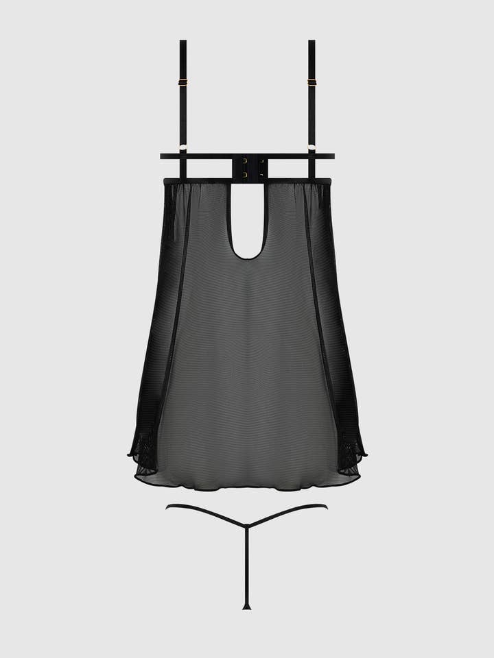 NEGRO/ORO CONJUNTO DE BABYDOLL Y TANGA DE COPA ABIERTA CON ENCAJE, CADENA Y MALLA DE EVA de venta al por mayor en Faire9