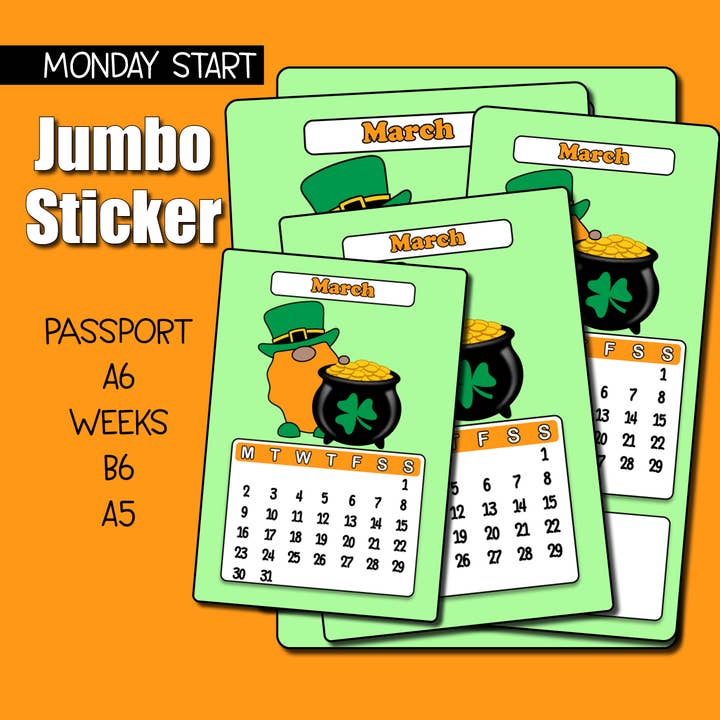 2026 März Kalender Jumbo-Aufkleber - Wochenbeginn Montag für den Großhandel von Shine Sticker Studio